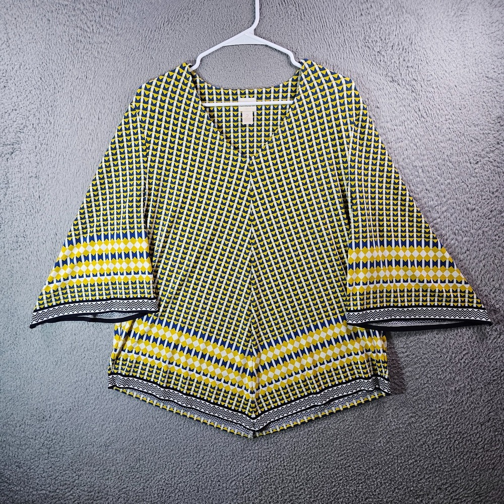 Chico's Top Blouse Women Size 2 Stretch Geometric Asymetrical Hem Multicolor‎